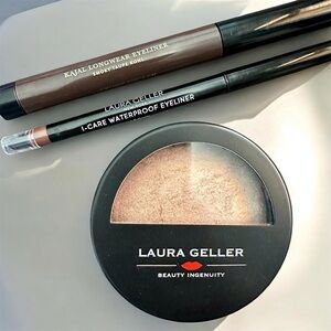 New 3 piece Laura Geller bundle: baked body frosting & 2 Brown Eyeliner pencils